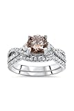 ARYAN INTERNATIONAL JEWELLERY 1.20 CT Round Cut Brown and White Diamond Three Stone Wedding Bridal Set Ring with Band 14K White Gold Plated 925 Sterling Silver Gift for Womens Ring Size-4