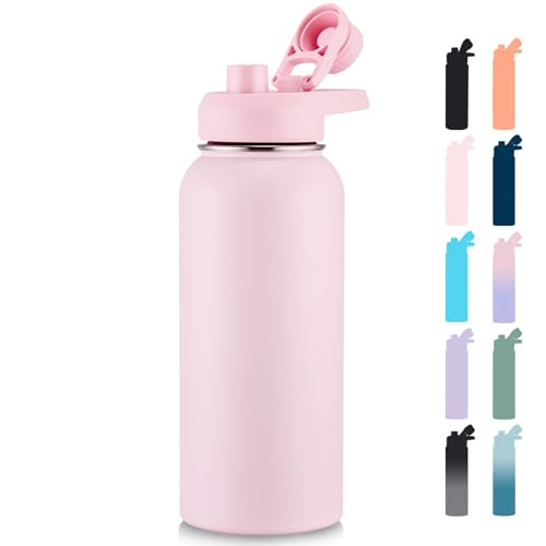 Image of Fijinhom Insulated Water Bottle with Handle, 304 Stainless Steel Water Bottles with Wide Mouth, Double Wall Vacuum Sports Water Bottle, BPA Free, Keep Cold and Hot, 32 Ounces Pink