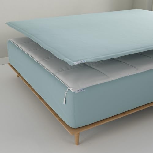 Image of QuickZip Fitted Plus Spare Bundle: 1 Fitted Sheet (Base + Zip Sheet) & 1 Zip Sheet - Easy to Change, Won't Pop Off - Soft Sateen 400 TC 100% Cotton - 13.5 inch Deep Pockets RV Queen Size - Dusty Blue