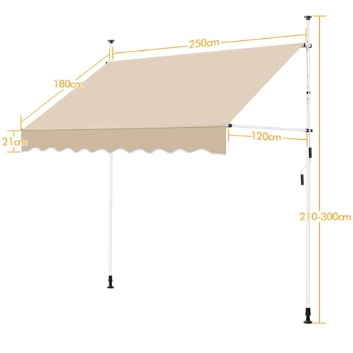 Yaheetech Klemmmarkise 250cm Breit Balkonmarkise mit Handkurbel Sonnenschutz ohne Bohren Sonnenmarkise höhenverstellbar Markise mit Gestell, Beige