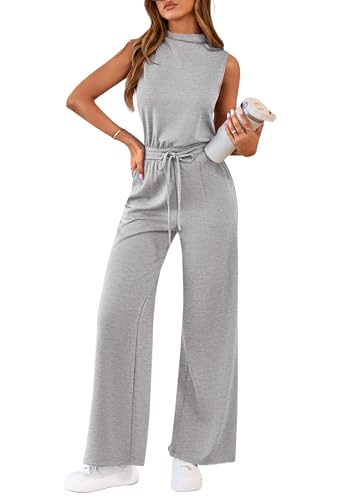 PRETTYGARDEN One Piece Jumpsuits for Women Dressy Summer Business Casual Outifts Sleeveless Mock Neck Wide Leg Rompers(Grey,Small)