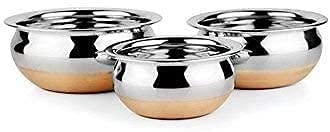 The kashth Set of 3 Stainless Steel Serving Bowl with Copper Base Cookware Set for Kitchen Accessories Serveware Pot Kadai Stainless Steel Handi Set (20 Oz -33 Oz - 45 Oz)