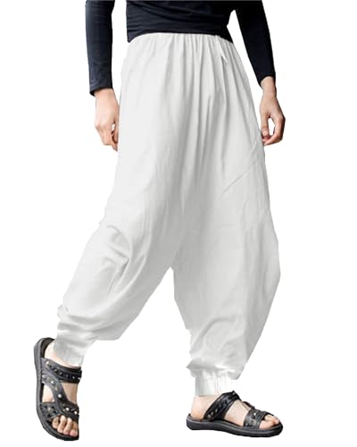 YAOHUOLE Herren Haremshose Baggy Pumphose Yoga Freizeit Haremshosen Weiß L