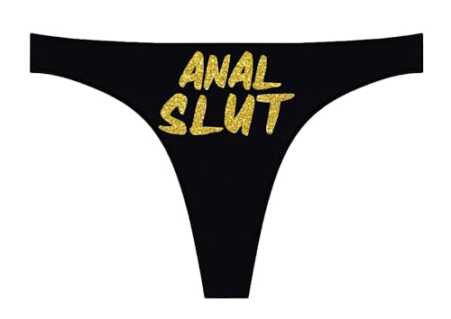 zeyomet Anal Slut Thong Black Sexy Panty G-String, Anal Queen Thong Naughty Kinky Gift For Her Gift For Hot Wife (US, Alpha, 3X-Large, Regular, Regular, Gold Glitter)