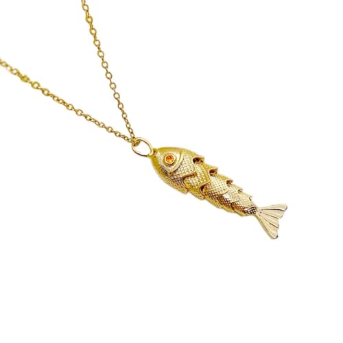 Articulated Fish Pendant Necklace, Gold-Tone Chain, Crystal Eye Detail