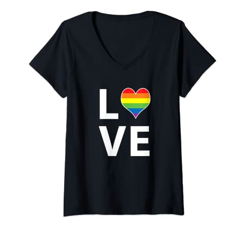 Mujer Gay Pride Love Gift Rainbow Tolerancia Corazón Aceptación LGBTQ Camiseta Cuello V