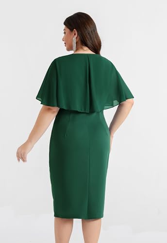 Image of Hanna Nikole Womens Plus Size Chiffon Cape Sleeve Ruffle Ruched Cocktail Party Pencil Dress for Wedding Guest