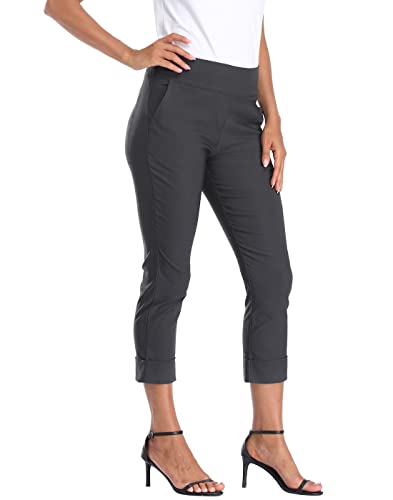 Image of HDE Pull On Capri Pant for Women w /Pockets Elastic Waist Cropped Work Pant | Comfortable Pull On Waist, Tailored Fit with Cuff, Stretchy Summer Office Pants, 24.25 inch Inseam, Professional Dress Capris