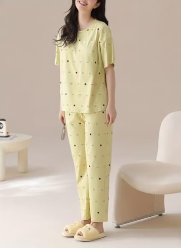 Image of SHIENZY Women Korean Style Night Suit | Round Neck Short Sleeve Cute Printed Cotton Pajama Set for Girls & Women | Soft Nightwear, Loungewear, Sleepwear for Women | Full Pyjama Set | Co-ord Set