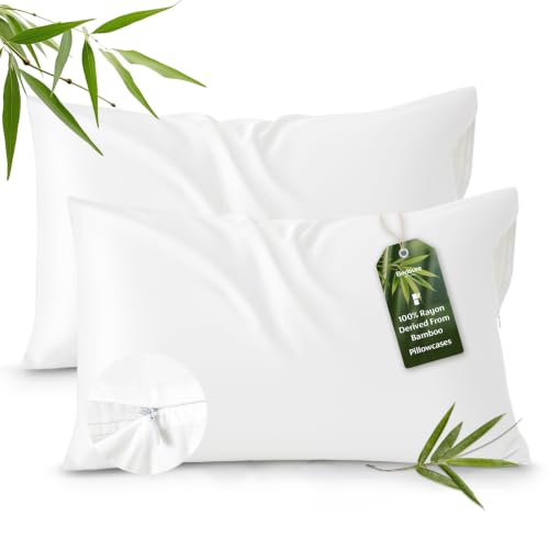 Image of Bedsure Zipper Pillow Cases Standard Size from Rayon Derived from Bamboo | Cooling Pillowcase for Hot Sleepers, Soft & PureWoven Pillow Covers, Gift, White, 20x26 Inches