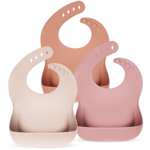 Eascrozn Silicone Bibs for Babies Toddler Set of 3, BPA Free Pink image 1