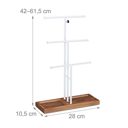 Relaxdays Schmuckständer, 3 Stangen, t-förmig, Ketten, für Ohrringe & Armbänder, mit Ablage, Holz & Metall, weiß/braun