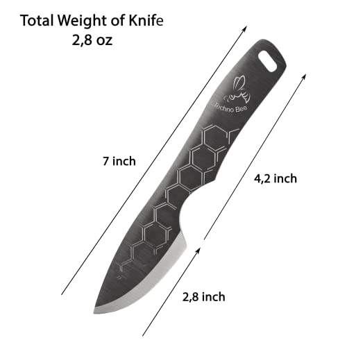 BPSKNIVES Techno Bee - Stainless Steel Neck Knife - Skeleton Fixed Blade Camping Knife with Genuine Leather Case - Fixed-Blade Outdoor Utility EDC Knives