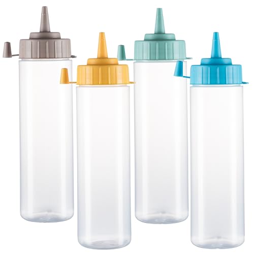 HR Hogar - Botella de Salsas Exprimible - 4 Piezas de 500 mL - Dispensadores Reutilizables y Reciclables | Fabricado en España | Biberón Cocina Sin BPA con Tapón Antifugas Sin Goteo (Surtido Colores)