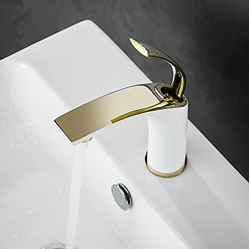 Mitigeur de lavabo cascade or et blanc en laiton pour eau chaude et froide