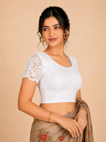 Image of Abhi Cotton Readymade Saree Blouse for Women- Half Net Sleeves, Round Neck, Regular-fit, Stretchable, Pull-on Style Blouse