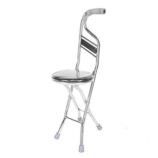 Folding Cane Seat, Stainless Steel Hand Stick Stool Crutch for Women and Men, Anti-Slip Four-Leg Thickening Walking Stick for Elderly Outdoor Travel Aids(Black)