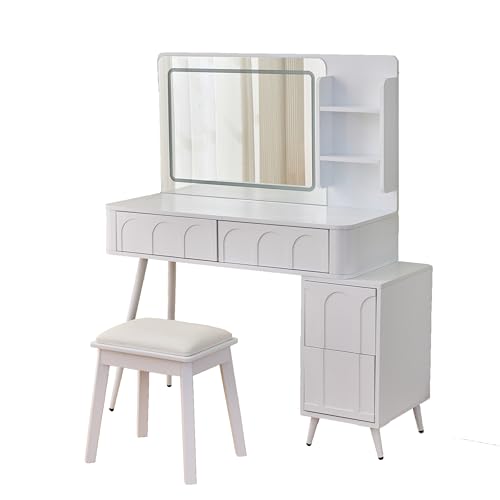 Image of JIVOIT Modern Makeup Vanity Desk with Mirror, Dressing Table Set with Stool, Unique Fluted Waveform Panels, Space-Saving Vanity Set with 4 Drawer, Strong Metal Legs, Easy Assembly (White / /3)