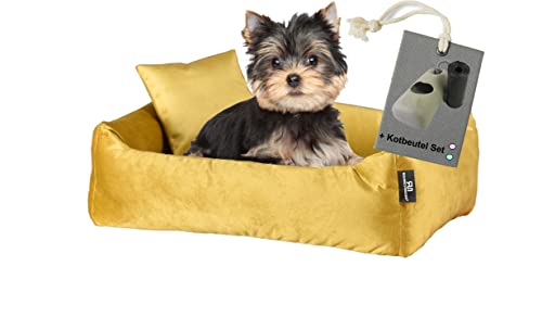Rohrschneider Luxus Hundebett Kuschelsofa mit Rand, Weich - Inklusive Hundekotbeutel, Samt-Stoff 81.000 Scheuertouren, Senf, Größe S (kleine Hunde)