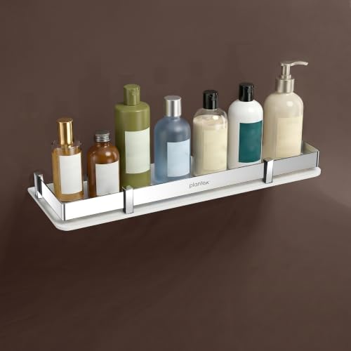 Image of Plantex Wall Shelf for Bathroom Storage /Acrylic Washroom Shelf Organizer with Stainless Steel Railings /Bathroom Accessories (White, 15x6 inches)