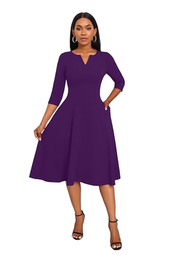 Image of Nmoder Midi Dresses for Women A-Line Fit and Flare Dress 3 /4 Sleeve V Neck Cocktail Wedding Guest Work Dress with Pockets