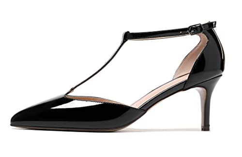 SAMMITOP Women's Kitten Heel Pointed Toe Pumps Ankle Strap Mid Heel T-bar Dress Shoes