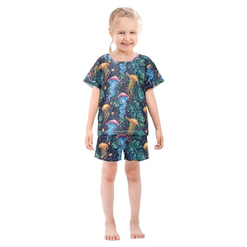 ALAZA Jellyfish and Tropical Leaves on Space Pajama Set Short Sleeve Sleepwear Soft Lounge Nightwear3