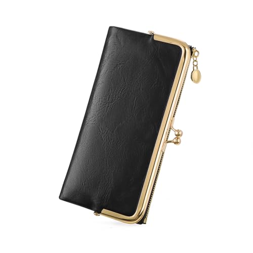 Image of GOIACII Womens Wallet Kiss Lock Bifold Leather Wallets for Women Black | Vintage Wallet for Women,Ladies Clutch Purse,Women's Card Holder Wallet with Zipper