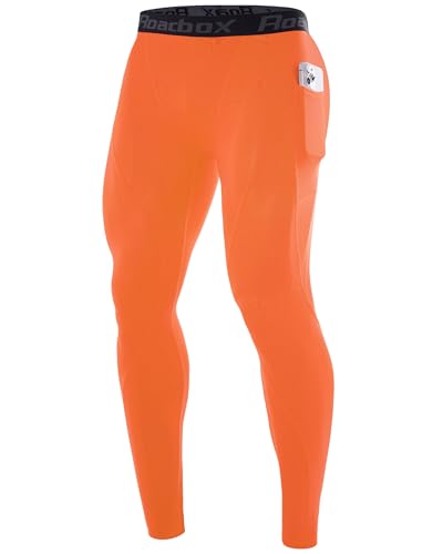 Roadbox Compression Pants Men, Running Workout Leggings with Pockets, Gym Basketball Athletic Tights Base Layer Orange