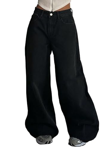 Image of Shasmi Women's Black Wide Leg Baggy Jeans | Loose Fit Denim Pants for Women | High Rise Streetwear | Casual Oversized Wide Leg Denim | Korean Style Baggy Trousers with Pockets (Jeans 296)