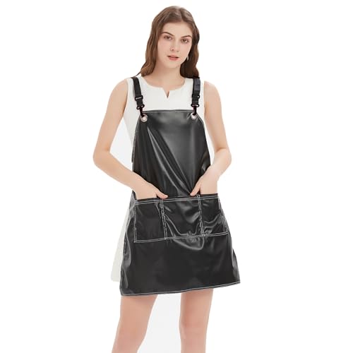 MIKI WELL PU Leather Waterproof Aprons Cross-Back Adjustable With Pockets Hair Salon Work Apron for Hair Stylist Super Light(Black+Black Buttons)