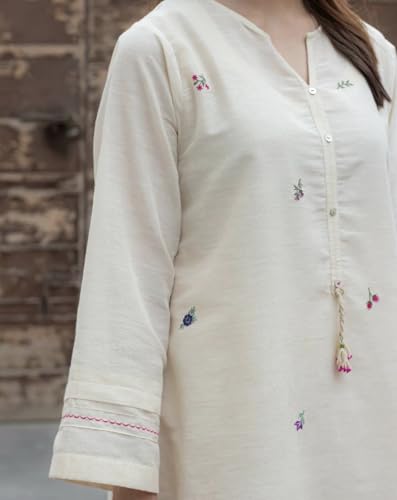 Image of Women's White Cotton Embroidered Kurta Pant Set | Soft & Elegant Straight Kurti with Subtle Multi-Thread Floral Embroidery |Ethnic Set for Women