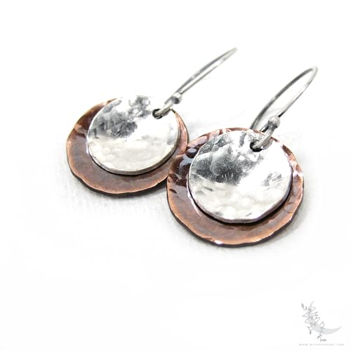 Mixed-Metal-Antiqued-Copper-Sterling-Silver-Earrings-Small-Upcycled-Hammered-Silver-Dangle-Earrings-Rustic-Minimalist-Boho-Jewelry-Copper-Earrings-Gift