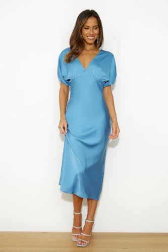 Image of Summer Satin V Neck Puffy Sleeves Empire Waist Midi Dresser Silk Sexy Tie Back Formal Cocktail Dresser for Women Wedding