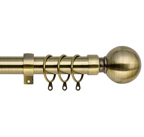 Plain Metal Ball Extendable Curtain Pole. Includes Pair Of Superior 60mm Size Finials Rings Brackets & Fittings Set. (Antique Brass 120cm - 210cm 48 inch to 83 Inch)