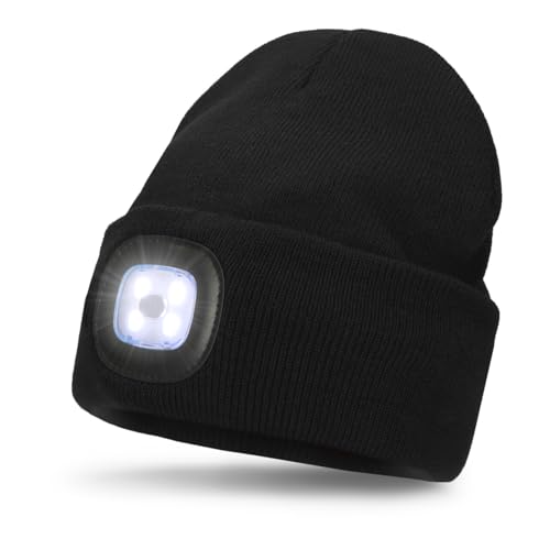 FUZZIO LED Luminoso Gorro Sombrero, USB Recargable 4 LED Gorras para Correr Super Brillante Impermeable Luz Invierno Cálido Regalos para Hombre y Mujer