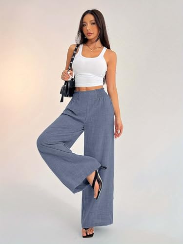 Image of Sugathari Women's Casual Wide Leg Pants - High Waist Elastic Waistband Loose Fit Long Trousers | Lightweight Straight Leg Summer PantsTrouser 254