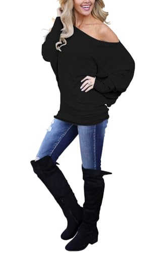 INFITTY Women's Off Shoulder Tops Casual Loose Batwing Sleeve Shirts Tunic Knit Oversized Pullover Sweater2