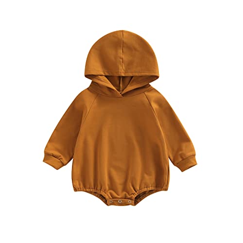 Image of xiqaalombvt Infant Baby Boy Girl Fall Clothes Hoodie Pullover Sweatshirt Romper Solid Color Long Sleeve Onesie Outfit (Solid Brown, 3-6 Months)