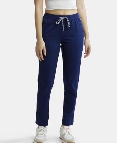 Image of Jockey 1305 Women's Super Combed Cotton Rich Relaxed Fit Mid Rise Trackpants with Contrast Side Piping and Pockets