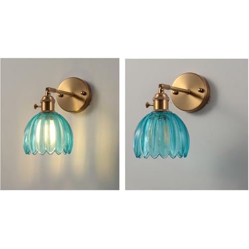Image of Vintage Wall Sconces with Gold Finish, Adjustable Arm, Ribbed Glass Shadewall Light fixtures Wall Lights for Bedroom, Living Room, Hallway, or Bathroom (Blue)