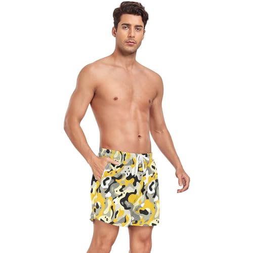Camouflage Yellow Mens Swimsuit Trunks Men 2 in 1 Swimsuits Phone Pocket Quick Dry Elastic S4