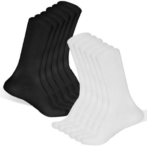 6 Pairs Crew Socks for Women & Men, Mid-Calf Casual Athletic Socks, Lightweight Breathable Moisture Wicking for Work, Sport, Travel (3 White 3 Black)