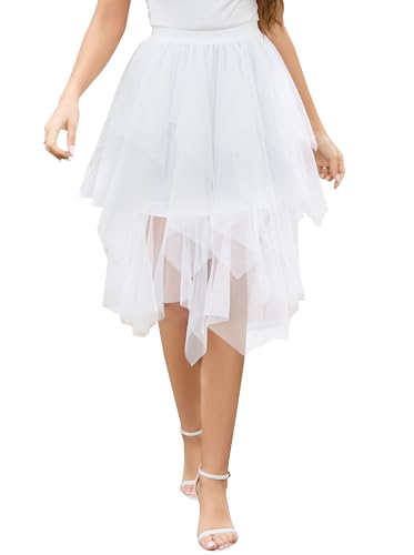 Wikoan Falda de Ulle para Mujer Elegante Vestido Asimétrico de Tres Capas de Tul Transparente con Forro,Falda de Malla Princesa,Blanco,M