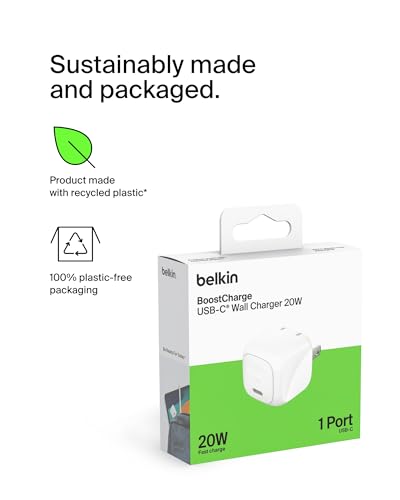 Image of Belkin Compact Charger Block 20W, USB-C Power Delivery Fast Charging - Apple iPhone 16, 15, 14, 13, Plus, Pro, Samsung Galaxy S25, Google Pixel, iPad, AirPods, Nintendo Switch 2 & More - White