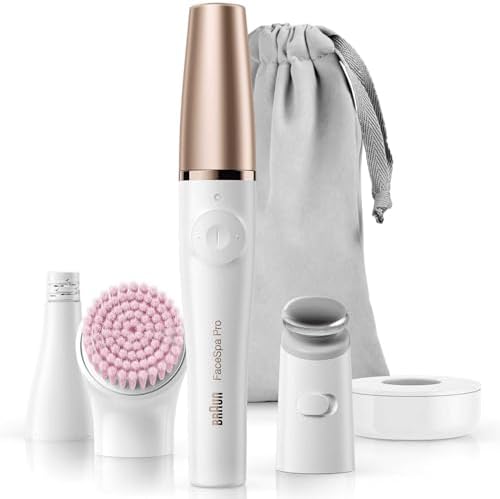 Braun FaceSpa Pro 912 Epilator 3-in-1 Facial Epilating Cleansing and Skin Toning System with 3 Extras and Pink Brush (White/Bronze)