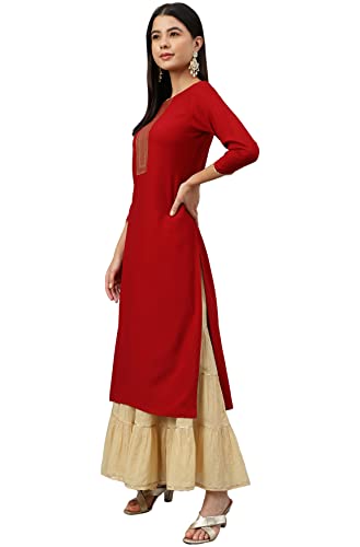 Image of Janasya Women's Maroon Rayon Solid Straight Kurta