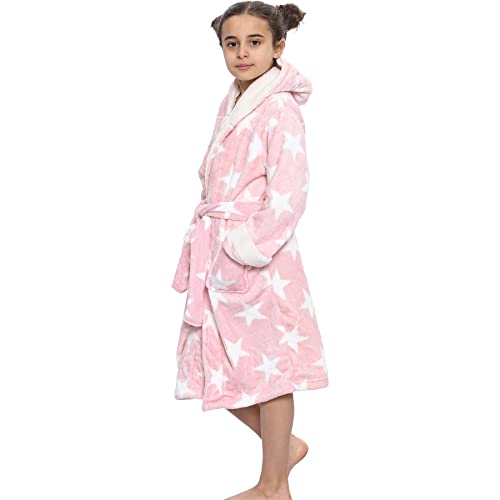 Girls Fleece Luxury Sherpa Hooded Dressing Gown Stars Pink Bathrobe Super Soft Robe Gift for Girls Age 7-13 Years3