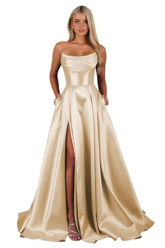Strapless Satin Prom Dresses with Slit Long Corset A Line Formal Evening Party Gowns with Pockets