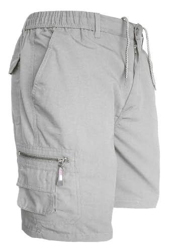 Image of JUST LOOK Mens Cargo Shorts Combat Multi Pocket Elasticated Waist Plain Lightweight Shorts (UK, Alpha, L, Regular, Short, Light Grey)